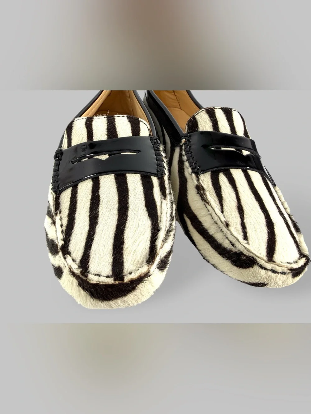 TOD'S Black & White Zebra-Print Penny Loafers